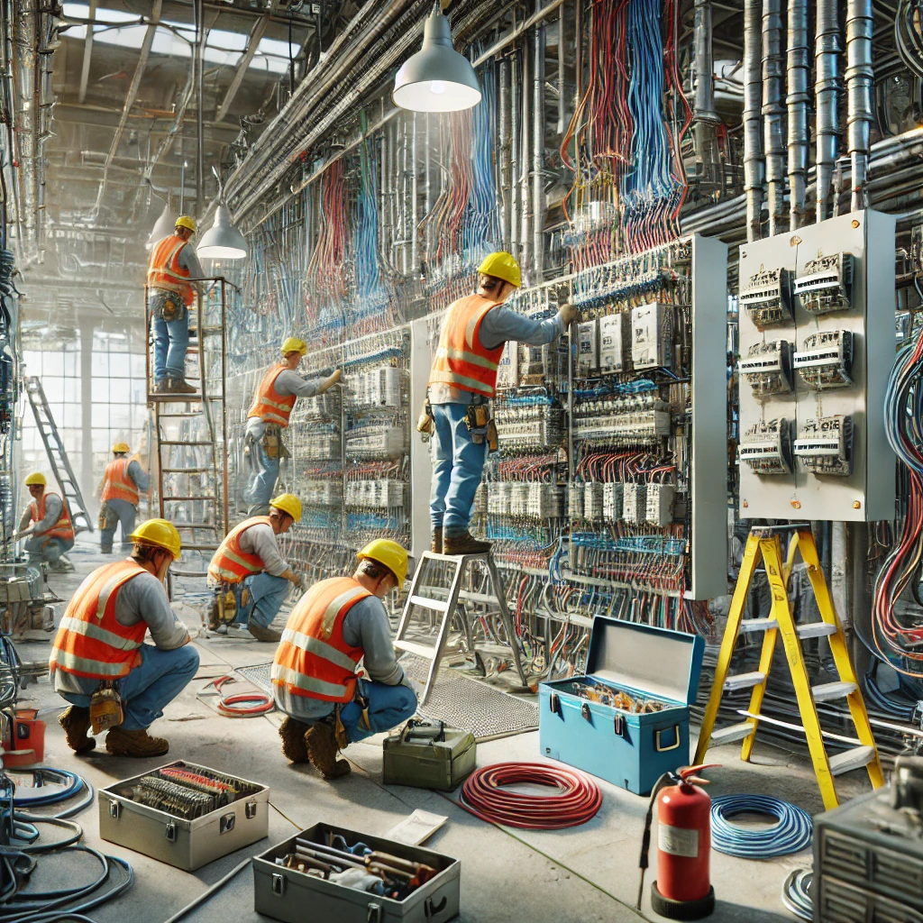 DALL·E 2024-12-29 19.43.45 - A highly realistic construction site focusing on electrical work. The scene includes electricians wearing safety gear (helmets, vests, gloves) working